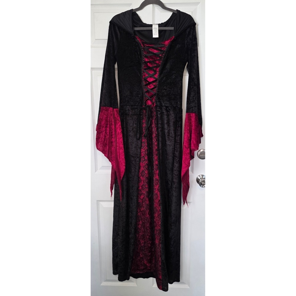 Womens L Costume Dress Black Red Hooded Velvet Gothic Medieval lace up bodice